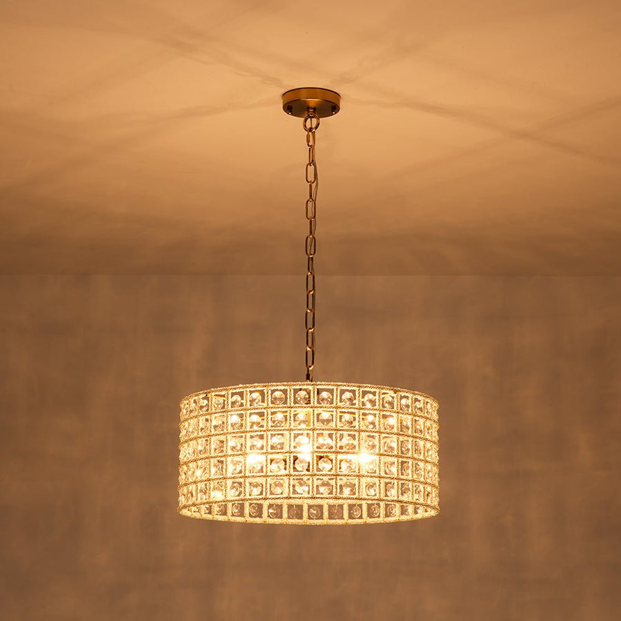 Farmhouze Light - Glam Crystal Accented Drum Lantern Pendant Light - Chandelier - Brass - 