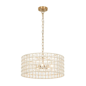 Farmhouze Light - Glam Crystal Accented Drum Lantern Pendant Light - Chandelier - Brass - 