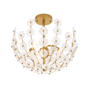 Farmhouze Light - Glam Glass Flower Vine Gold Cage Semi Flush Ceiling Light - Ceiling Light - Gold - 