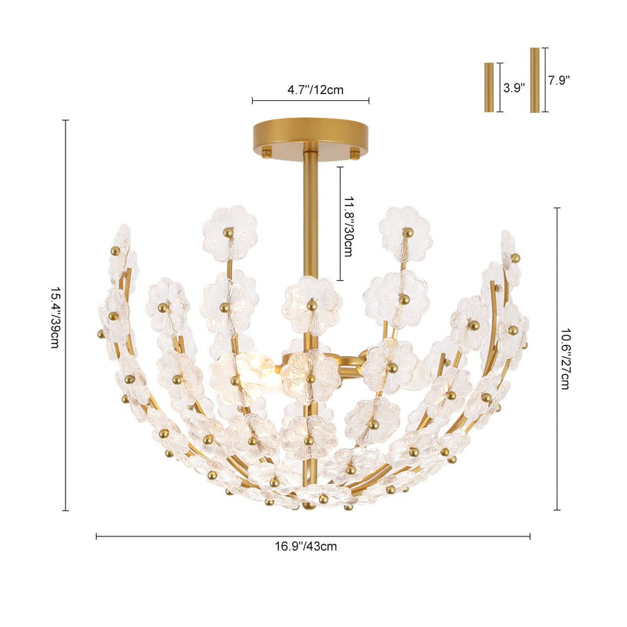 Farmhouze Light - Glam Glass Flower Vine Gold Cage Semi Flush Ceiling Light - Ceiling Light - Gold - 