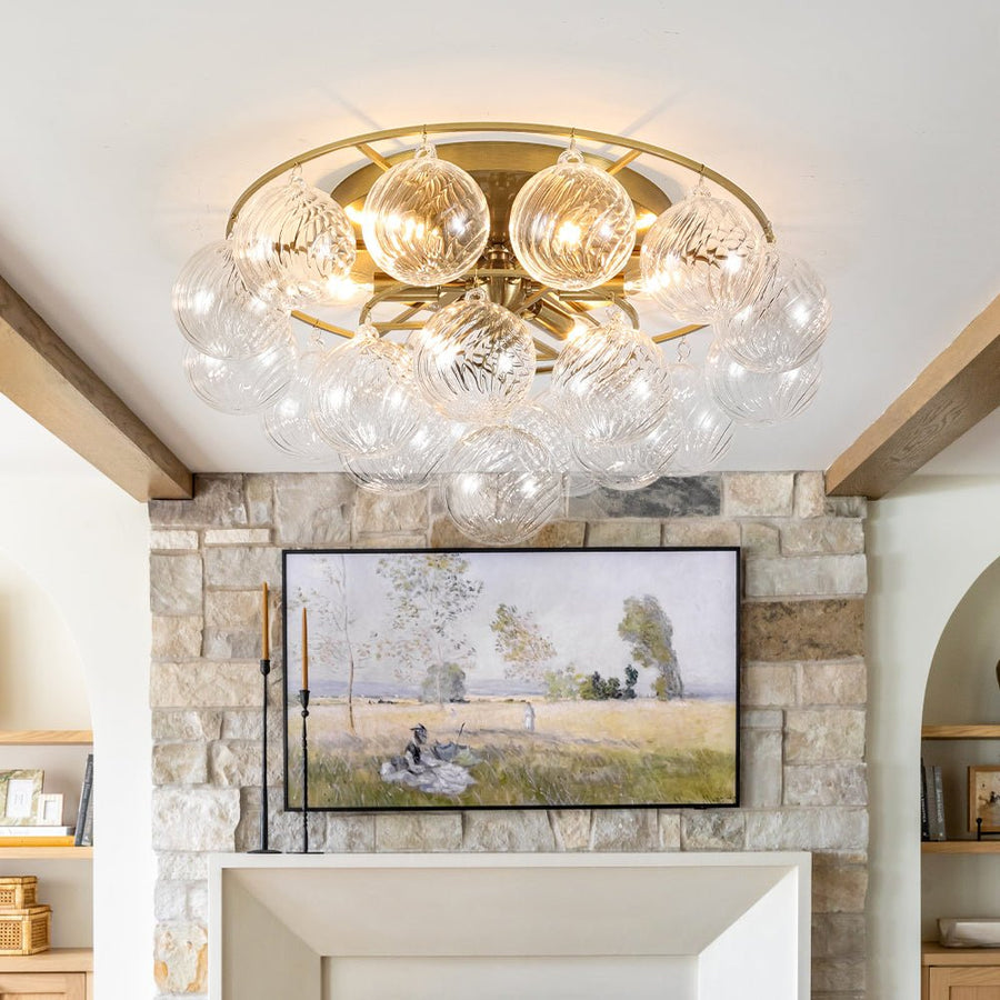 Farmhouze Light - Glam Tiered Swirled Glass Globe Bubble Semi Flush Mount - Ceiling Light - Brass - 