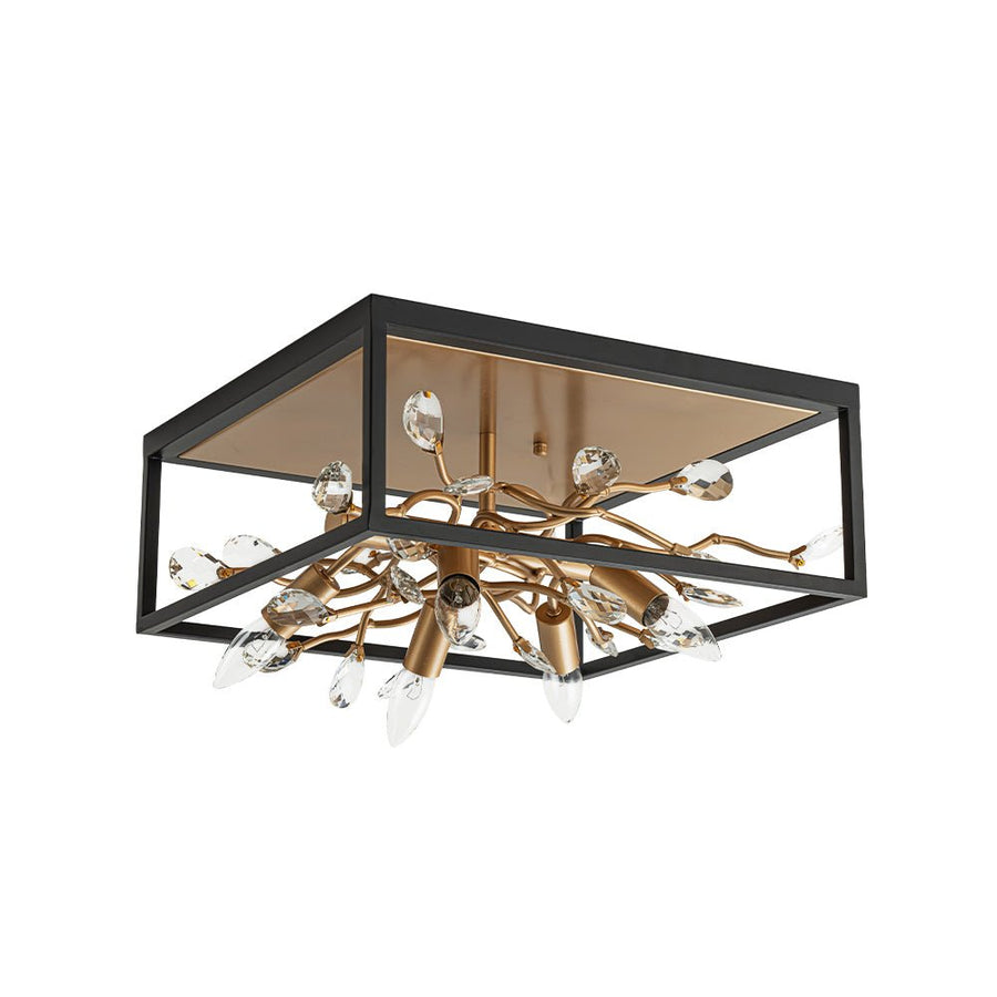 Farmhouze Light - Gold Branch Crystal Black Square Cage Ceiling Light - Ceiling Light - Black + Gold - 