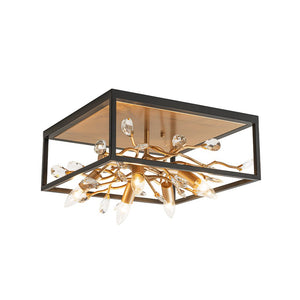 Farmhouze Light - Gold Branch Crystal Black Square Cage Ceiling Light - Ceiling Light - Black + Gold - 