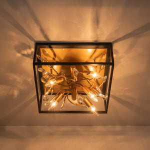 Farmhouze Light - Gold Branch Crystal Black Square Cage Ceiling Light - Ceiling Light - Black + Gold - 