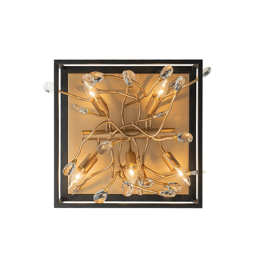 Farmhouze Light - Gold Branch Crystal Black Square Cage Ceiling Light - Ceiling Light - Black + Gold - 