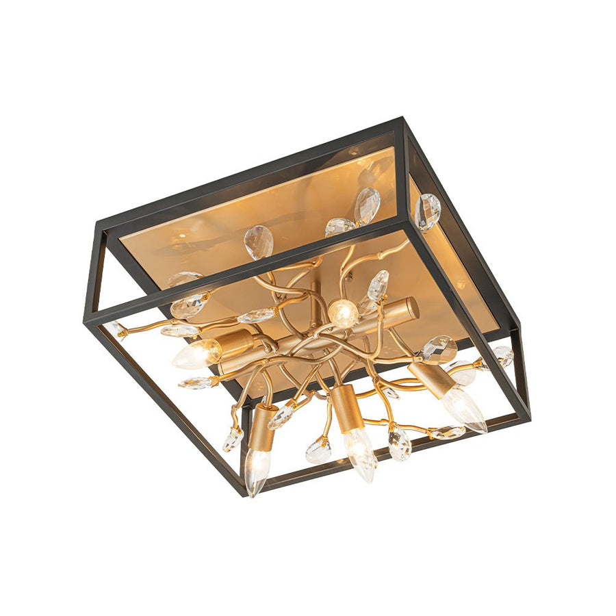 Farmhouze Light - Gold Branch Crystal Black Square Cage Ceiling Light - Ceiling Light - Black + Gold - 