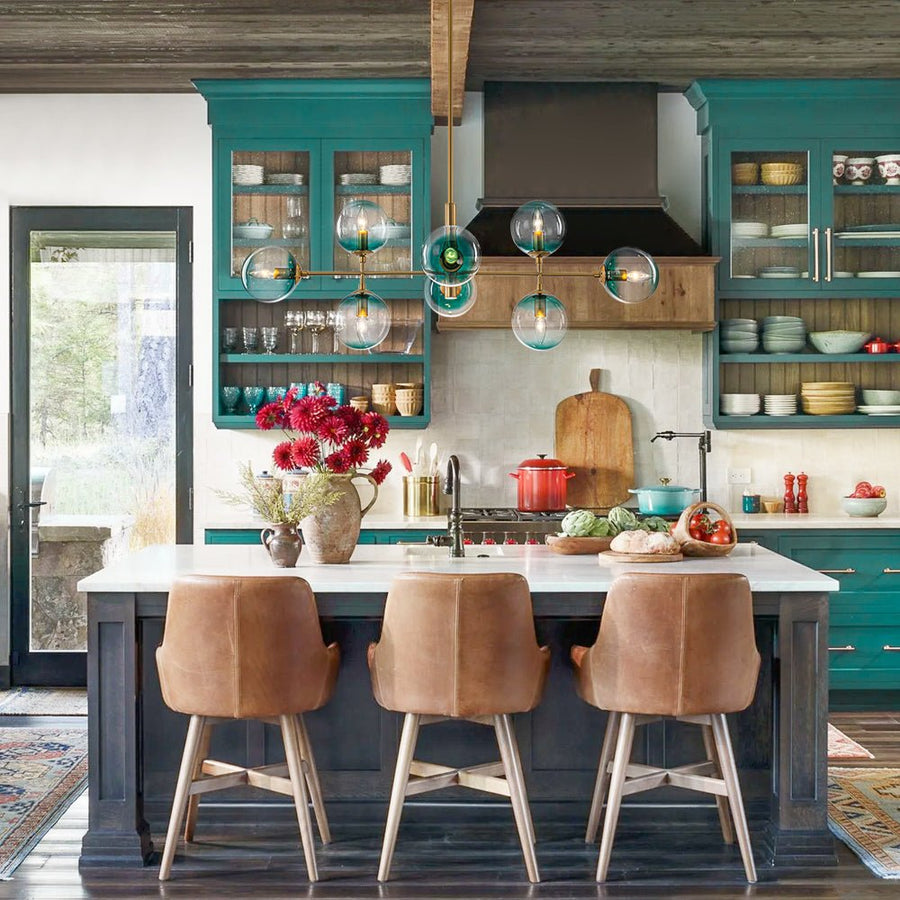 Farmhouze Light - Grudual Blue Glass Globe Linear Sputnik Island Chandelier - Chandelier - Brass - 