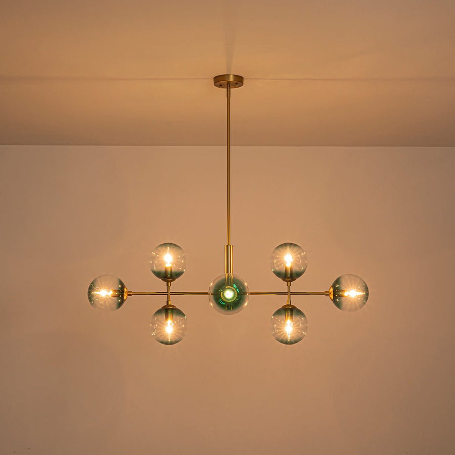 Farmhouze Light - Grudual Blue Glass Globe Linear Sputnik Island Chandelier - Chandelier - Brass - 