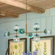 Load image into Gallery viewer, Farmhouze Light - Grudual Blue Glass Globe Linear Sputnik Island Chandelier - Chandelier - Brass - 
