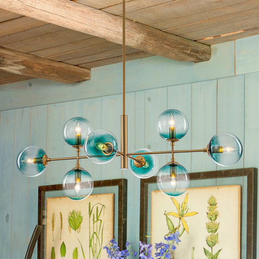 Farmhouze Light - Grudual Blue Glass Globe Linear Sputnik Island Chandelier - Chandelier - Brass - 