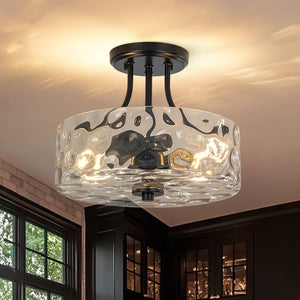 Farmhouze Light - Hammered Texture Glass Round Semi Flush Ceiling Light - Ceiling Light - Black - 