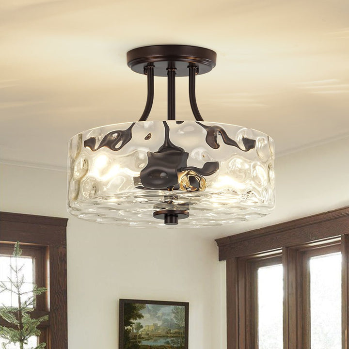 Farmhouze Light - Hammered Texture Glass Round Semi Flush Ceiling Light - Ceiling Light - Oil - Rubbed Bronze(Special Deal) - 