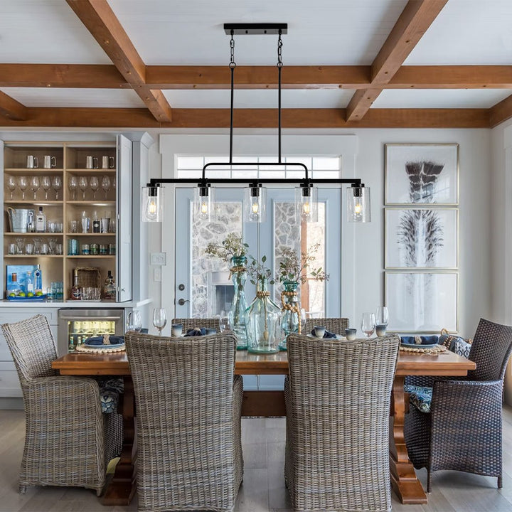 Farmhouze Light - Industrial Black Seeded Glass Linear Island Pendant / Semi Flush - Chandelier - Black - 