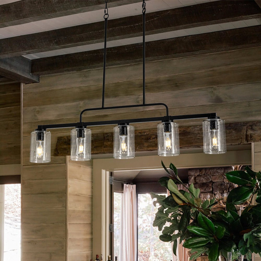 Farmhouze Light - Industrial Black Seeded Glass Linear Island Pendant / Semi Flush - Chandelier - Black - 
