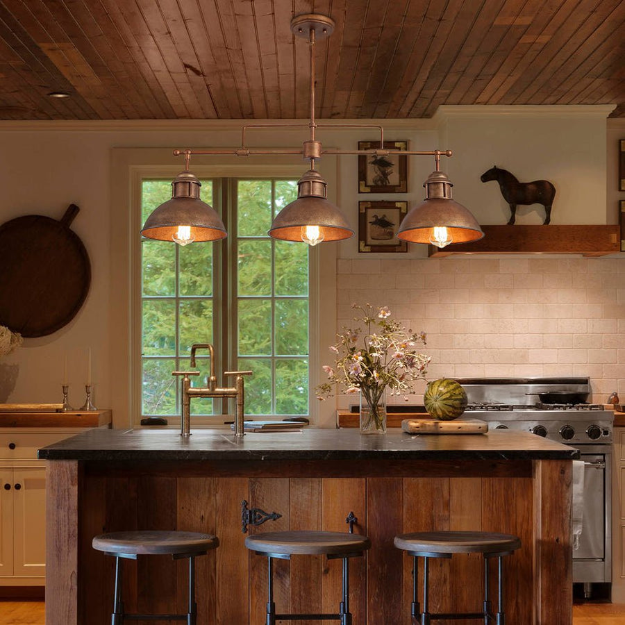 Farmhouze Light - Industrial Kitchen Linear Pot Lid Island Pendant Light - Chandelier - Rusted Bronze - 