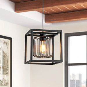 Farmhouze Light - Industrial Matte Black 1 - Light Square Metal Cage Pendant - Pendant - Black - 