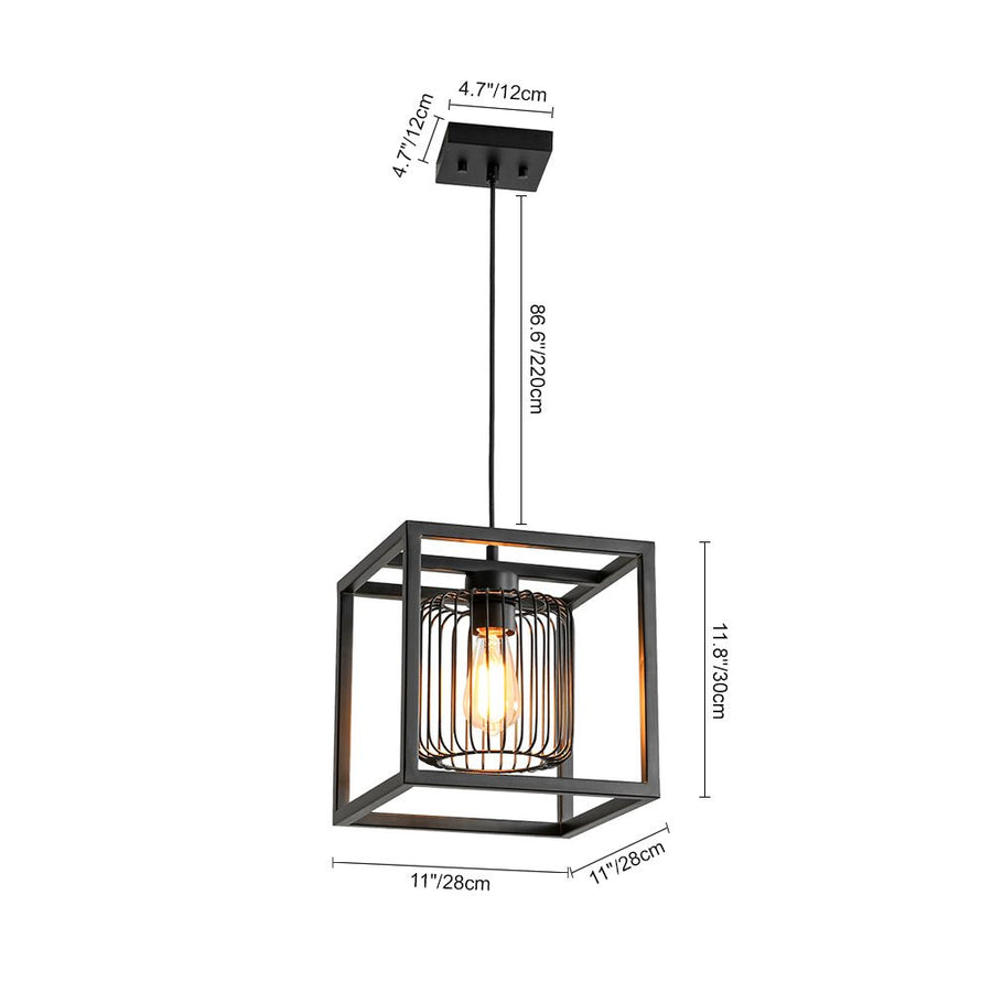 Farmhouze Light - Industrial Matte Black 1 - Light Square Metal Cage Pendant - Pendant - Black - 