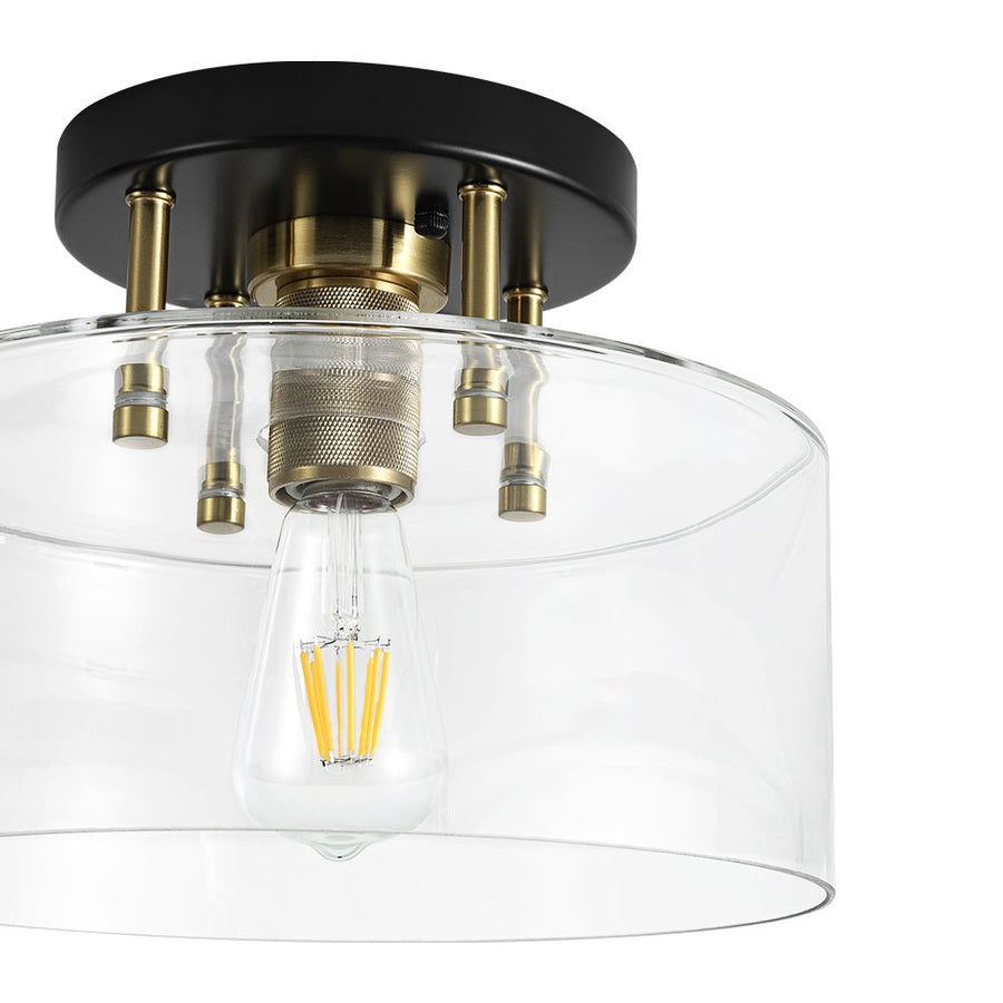 Farmhouze Light - Industrial Round Clear Glass Drum Semi Flush Ceiling Light - Ceiling Light - Black + Brass - 