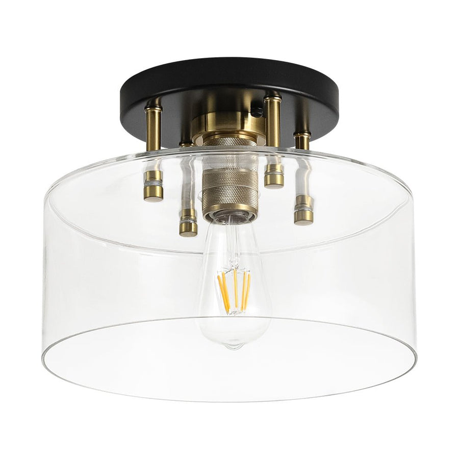 Farmhouze Light - Industrial Round Clear Glass Drum Semi Flush Ceiling Light - Ceiling Light - Black + Brass - 