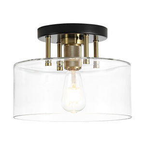Farmhouze Light - Industrial Round Clear Glass Drum Semi Flush Ceiling Light - Ceiling Light - Black + Brass - 
