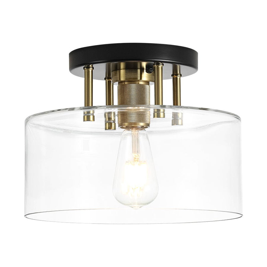 Farmhouze Light - Industrial Round Clear Glass Drum Semi Flush Ceiling Light - Ceiling Light - Black + Brass - 