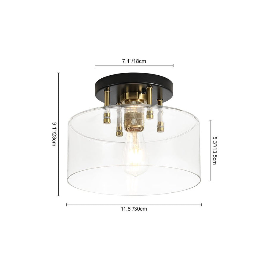 Farmhouze Light - Industrial Round Clear Glass Drum Semi Flush Ceiling Light - Ceiling Light - Black + Brass - 