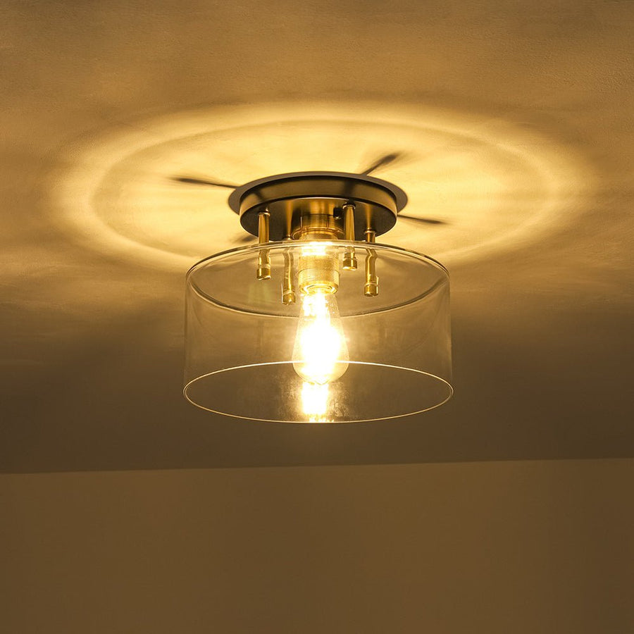 Farmhouze Light - Industrial Round Clear Glass Drum Semi Flush Ceiling Light - Ceiling Light - Black + Brass - 