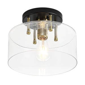 Farmhouze Light - Industrial Round Clear Glass Drum Semi Flush Ceiling Light - Ceiling Light - Black + Brass - 