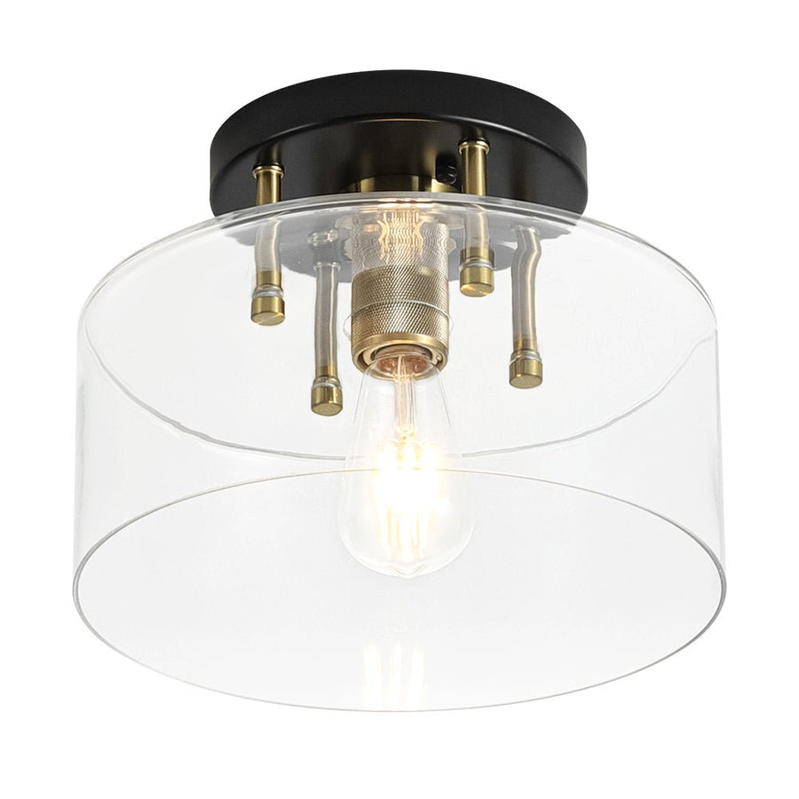 Farmhouze Light - Industrial Round Clear Glass Drum Semi Flush Ceiling Light - Ceiling Light - Black + Brass - 