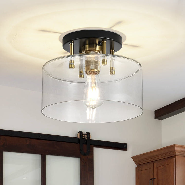 Farmhouze Light - Industrial Round Clear Glass Drum Semi Flush Ceiling Light - Ceiling Light - Black + Brass - 