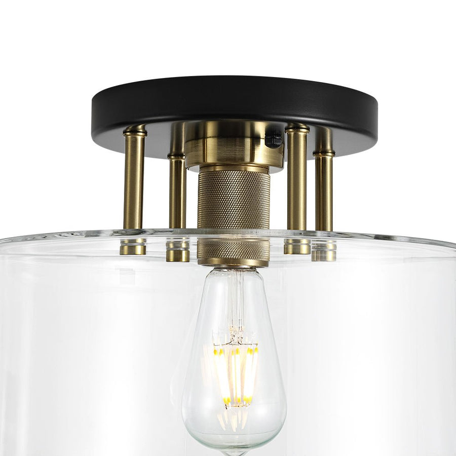 Farmhouze Light - Industrial Round Clear Glass Drum Semi Flush Ceiling Light - Ceiling Light - Black + Brass - 
