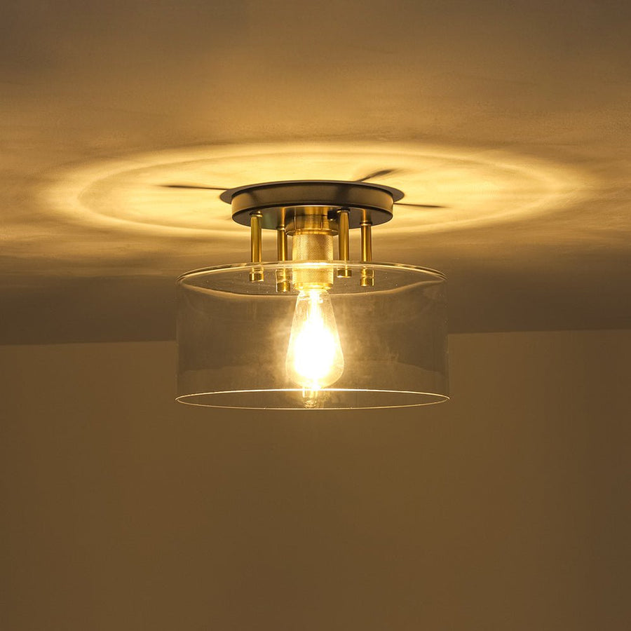 Farmhouze Light - Industrial Round Clear Glass Drum Semi Flush Ceiling Light - Ceiling Light - Black + Brass - 
