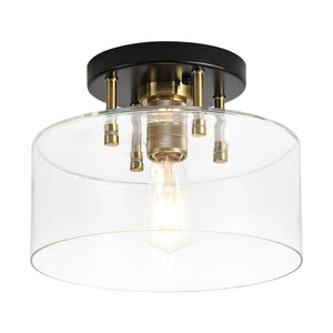 Farmhouze Light - Industrial Round Clear Glass Drum Semi Flush Ceiling Light - Ceiling Light - Black + Brass - 