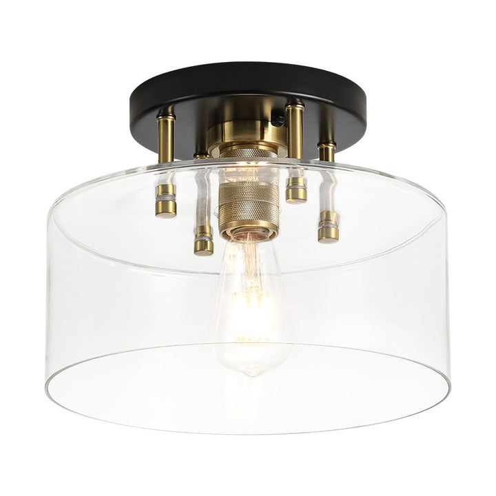 Farmhouze Light - Industrial Round Clear Glass Drum Semi Flush Ceiling Light - Ceiling Light - Black + Brass - 