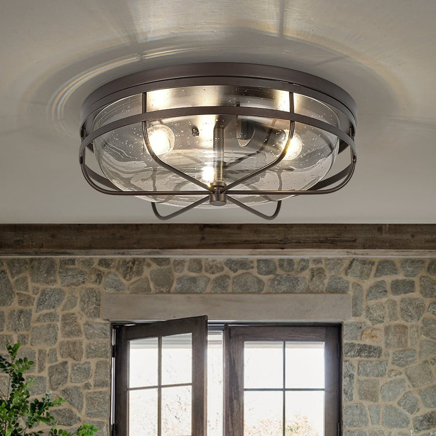 Farmhouze Light - Industrial Wire Frame Seeded Glass Round Ceiling Light - Ceiling Light - Oil - Rubbed Bronze - 