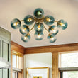 Load image into Gallery viewer, Farmhouze Light - Lake House Brass Round Blue Glass Globe Sunburst Semi Flush - Chandelier - Brass - 
