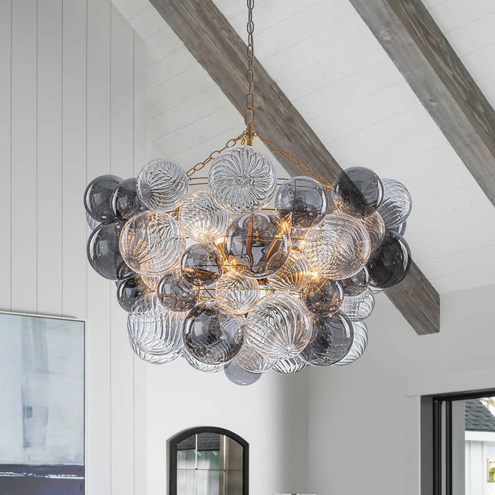 Farmhouze Light - Luxe Cluster Swirled Grey Glass Globe Bubble Chandelier - Chandelier - Brass - 