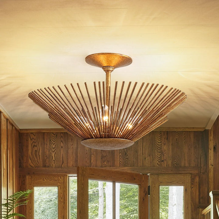 Farmhouze Light - Luxury Gold Foiled Traditional Round Sunburst Semi Flush Mount - Chandelier - Gold - 
