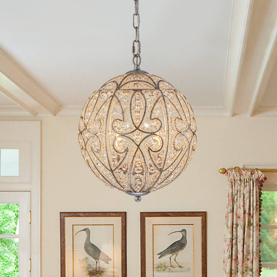 Farmhouze Light - Luxury Vintage Silver Crystal Accented Sphere Chandelier - Chandelier - 11.8 in - 