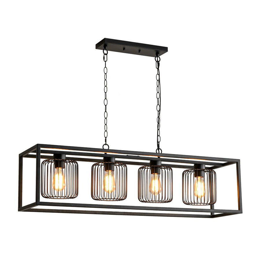 Farmhouze Light - Matte Black 4 - Light Rectangle Cage Kitchen Island Pendant - Chandelier - Black - 