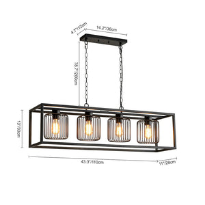 Farmhouze Light - Matte Black 4 - Light Rectangle Cage Kitchen Island Pendant - Chandelier - Black - 