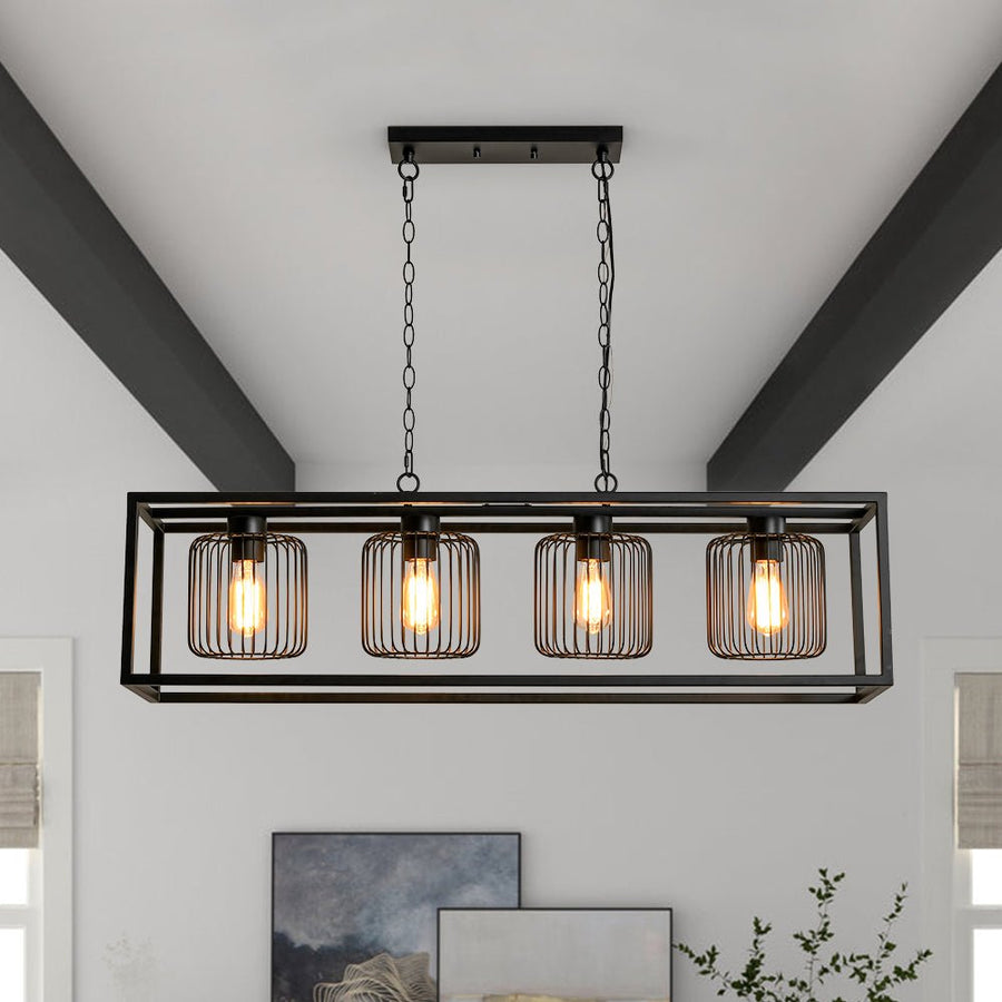 Farmhouze Light - Matte Black 4 - Light Rectangle Cage Kitchen Island Pendant - Chandelier - Black - 