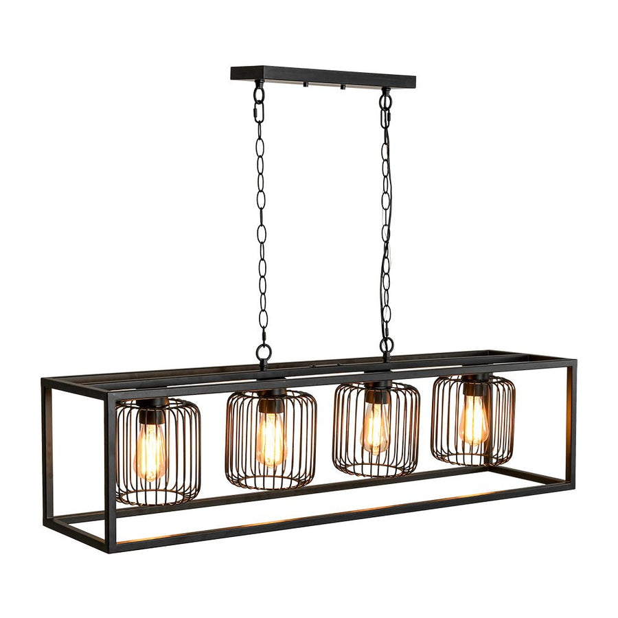 Farmhouze Light - Matte Black 4 - Light Rectangle Cage Kitchen Island Pendant - Chandelier - Black - 