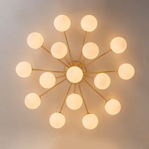 Farmhouze Light - Mid - Century 11 - Light Opal Glass Globe Sunburst Semi Flush - Chandelier - 16 - Light - 