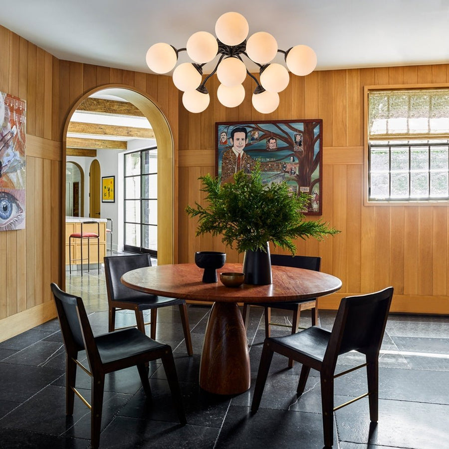 Farmhouze Light - Mid - Century 11 - Light Opal Glass Globe Sunburst Semi Flush - Chandelier - Black/11 - Light - 