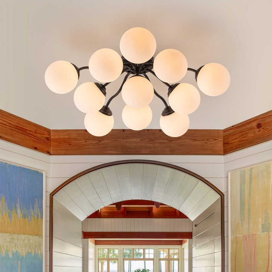 Farmhouze Light - Mid - Century 11 - Light Opal Glass Globe Sunburst Semi Flush - Chandelier - Black/11 - Light - 
