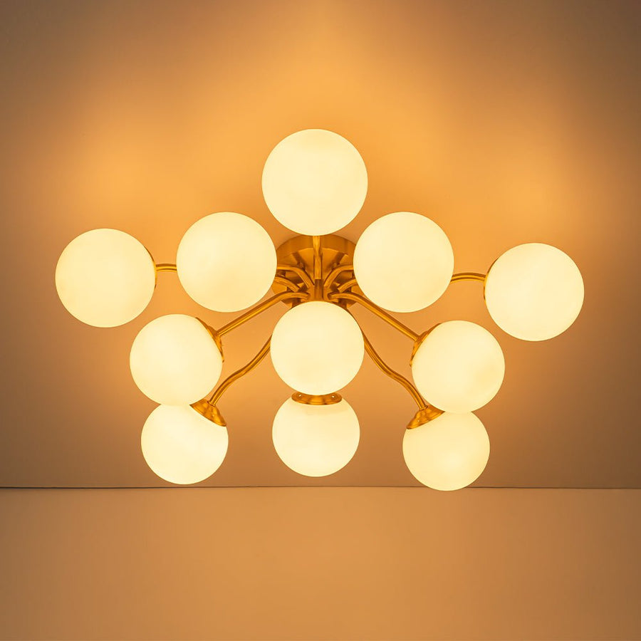 Farmhouze Light - Mid - Century 11 - Light Opal Glass Globe Sunburst Semi Flush - Chandelier - Brass - 