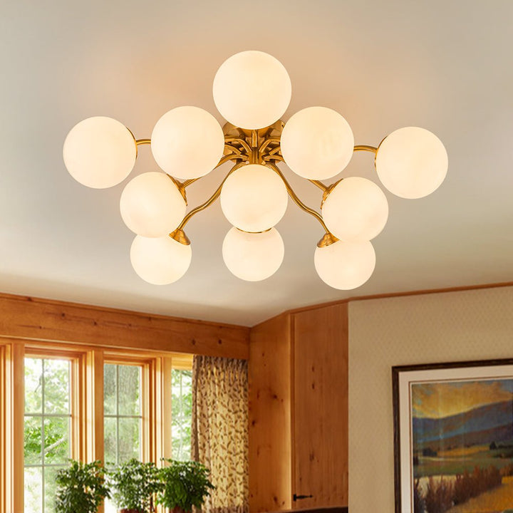 Farmhouze Light - Mid - Century 11 - Light Opal Glass Globe Sunburst Semi Flush - Chandelier - Brass - 