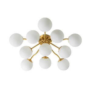 Farmhouze Light - Mid - Century 11 - Light Opal Glass Globe Sunburst Semi Flush - Chandelier - Brass - 