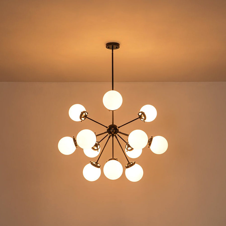 Farmhouze Light - Mid Century 12 - Light White Glass Globe Bubble Sunburst Chandelier - Chandelier - Black - 